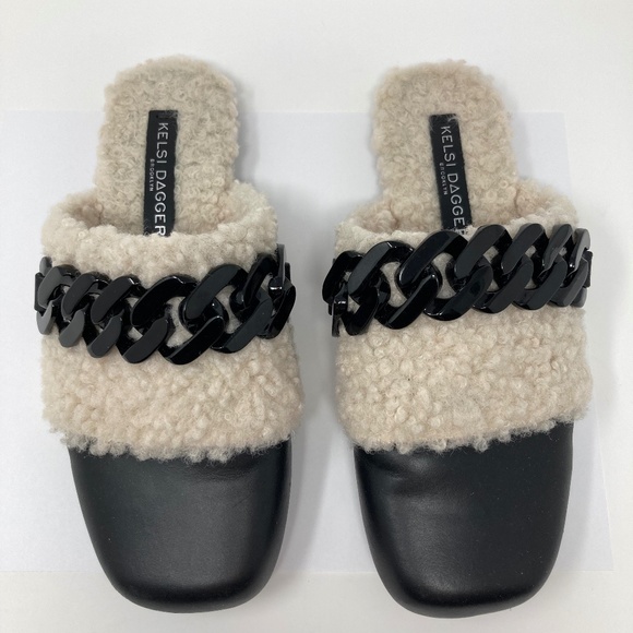 Kelsi Dagger Brooklyn Black and Cream Leather Chain Fur Mule Size 6.5 - Picture 4 of 5